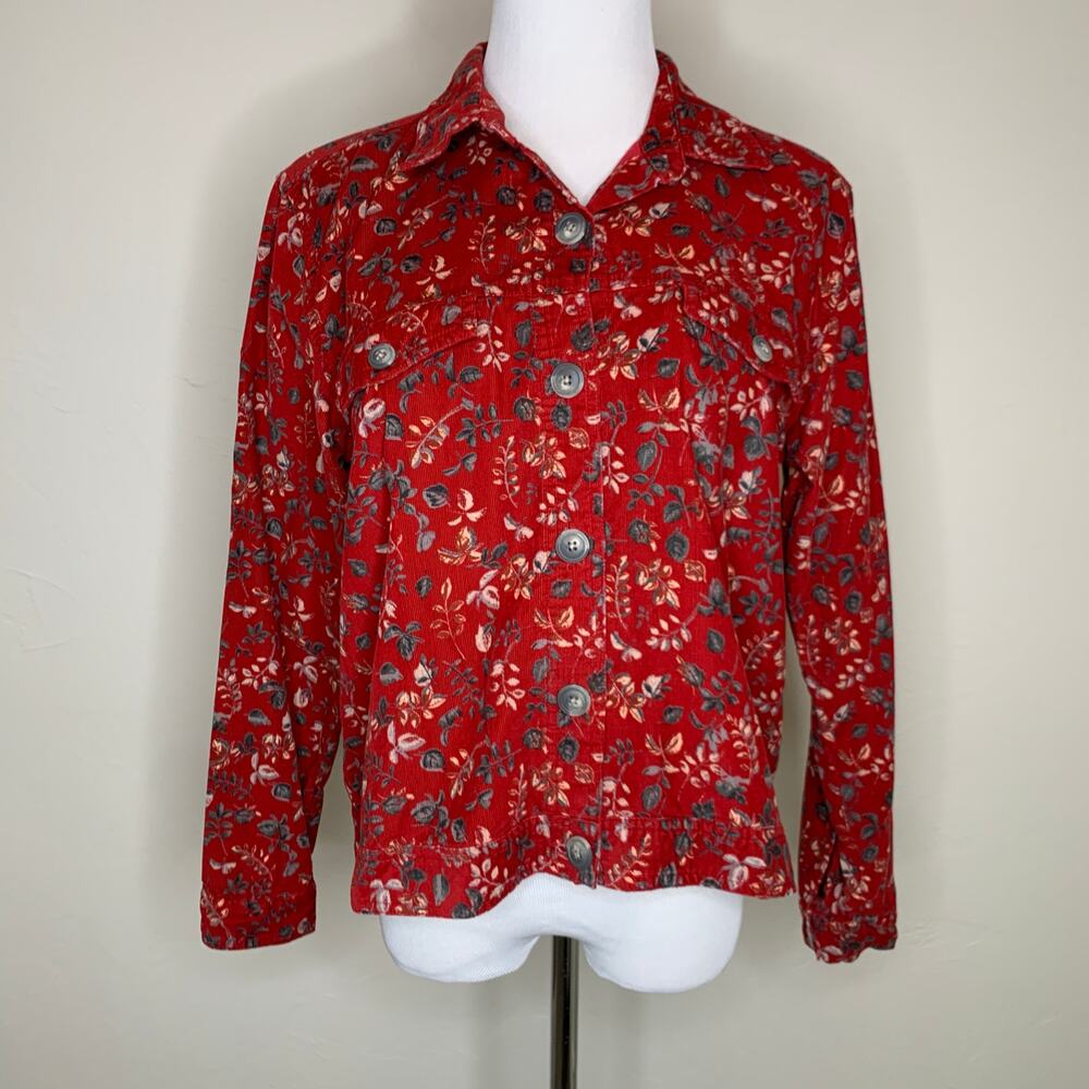 Christopher & Banks Red Floral Corduroy Shacket Jacket Sz Small